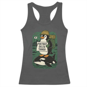 Funny Penguin Resist Racerback Tank Top No Tarriffs Activism Graphic TS02 Dark Heather Print Your Wear