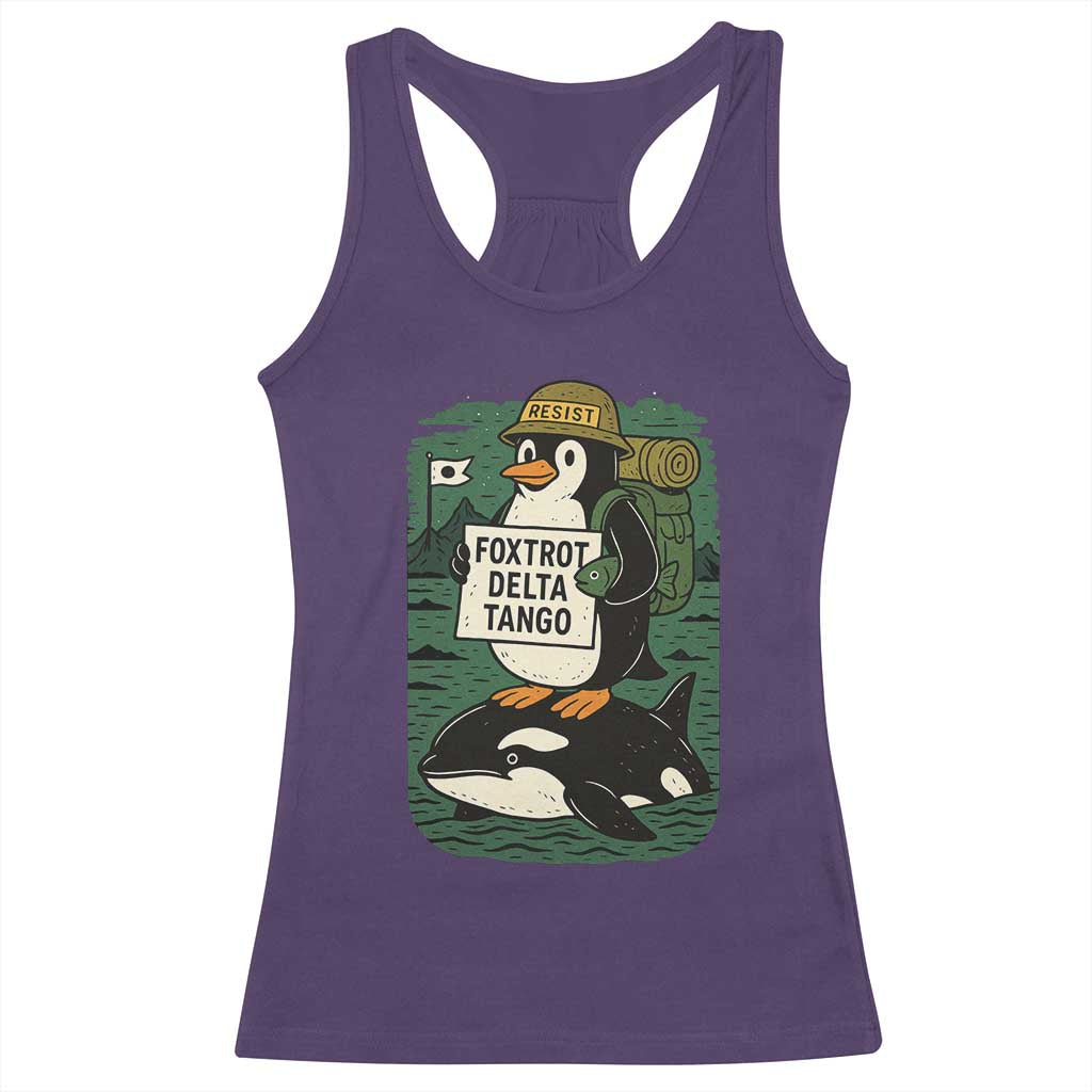 Funny Penguin Resist Racerback Tank Top No Tarriffs Activism Graphic TS02 Purple Print Your Wear