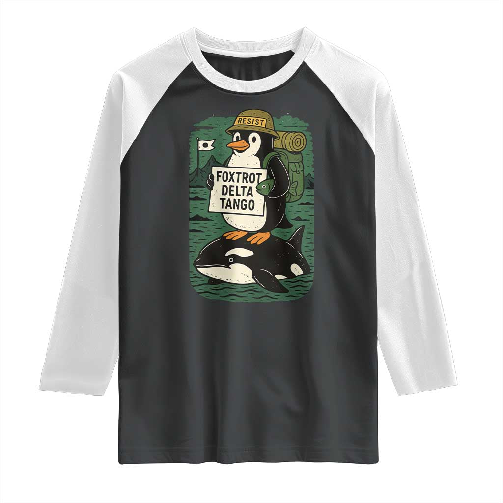 Funny Penguin Resist Raglan Shirt No Tarriffs Activism Graphic TS02 Black White Print Your Wear