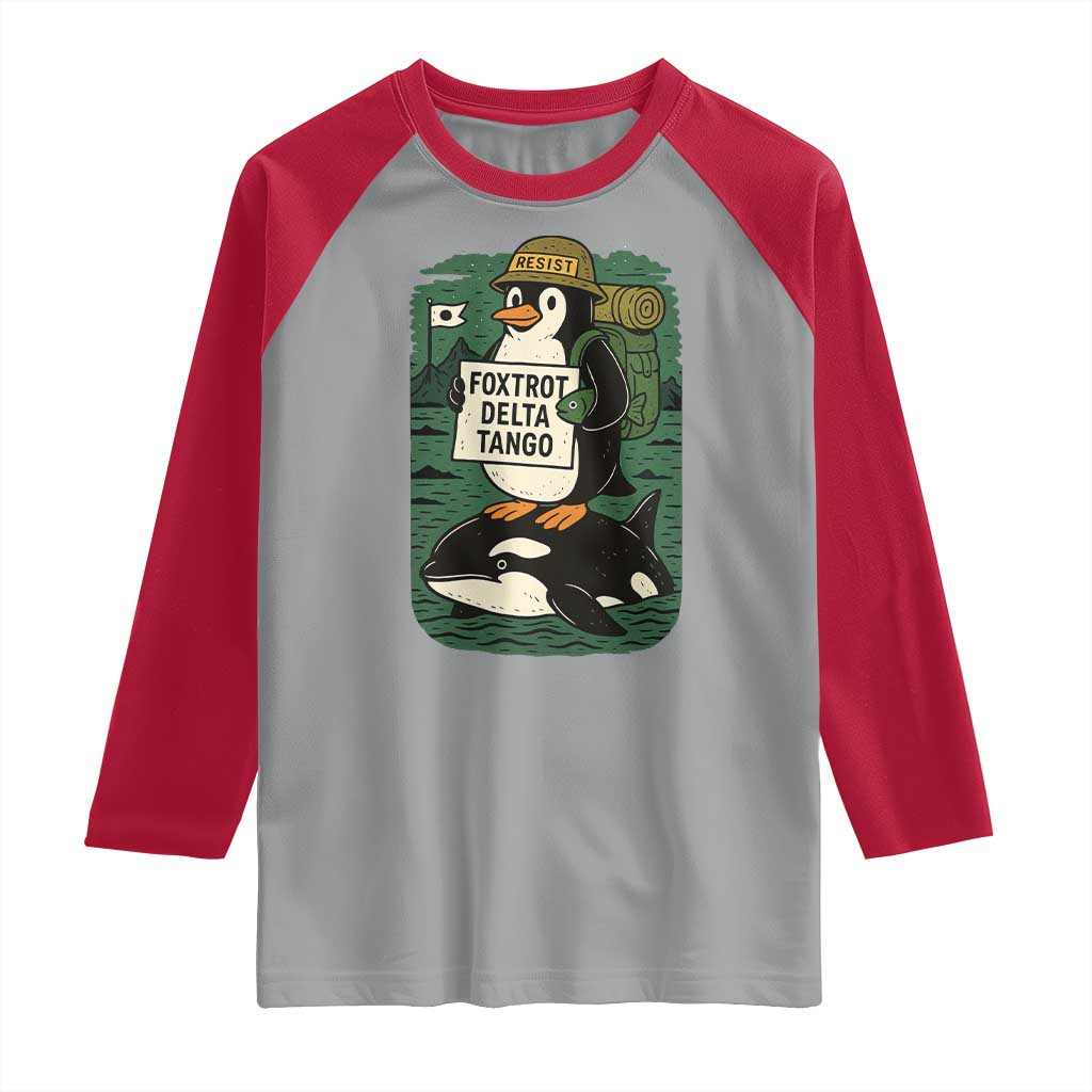Funny Penguin Resist Raglan Shirt No Tarriffs Activism Graphic TS02 Sport Gray Red Print Your Wear