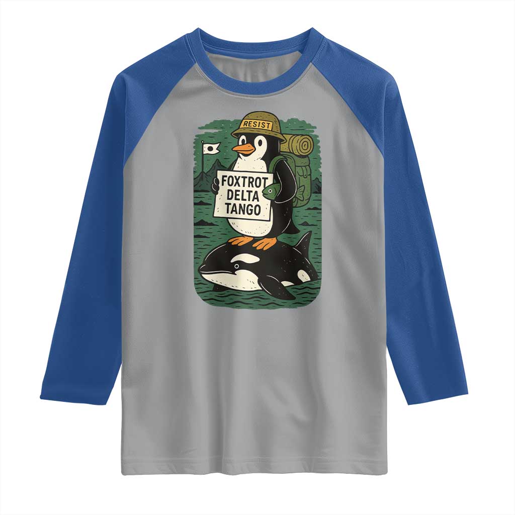 Funny Penguin Resist Raglan Shirt No Tarriffs Activism Graphic TS02 Sport Gray Royal Print Your Wear