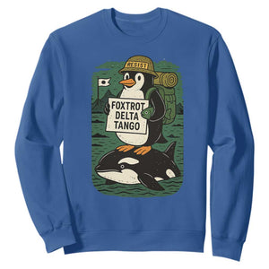 Funny Penguin Resist Sweatshirt No Tarriffs Activism Graphic TS02 Royal Blue Print Your Wear