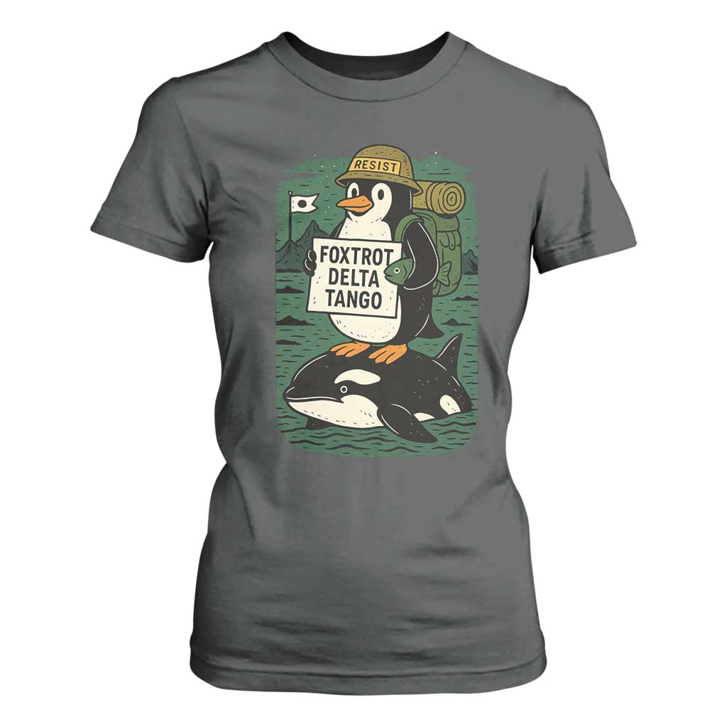 Funny Penguin Resist T Shirt For Women No Tarriffs Activism Graphic TS02 Dark Heather Print Your Wear