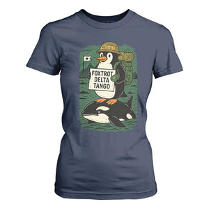 Funny Penguin Resist T Shirt For Women No Tarriffs Activism Graphic TS02 Navy Print Your Wear