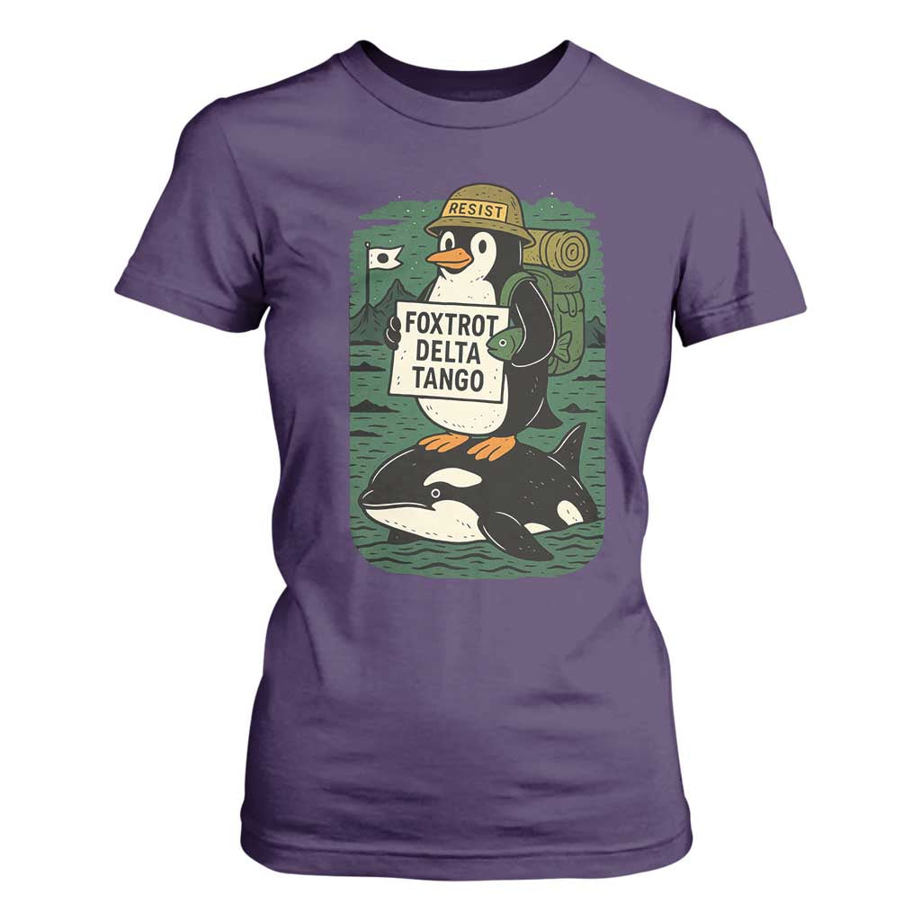 Funny Penguin Resist T Shirt For Women No Tarriffs Activism Graphic TS02 Purple Print Your Wear