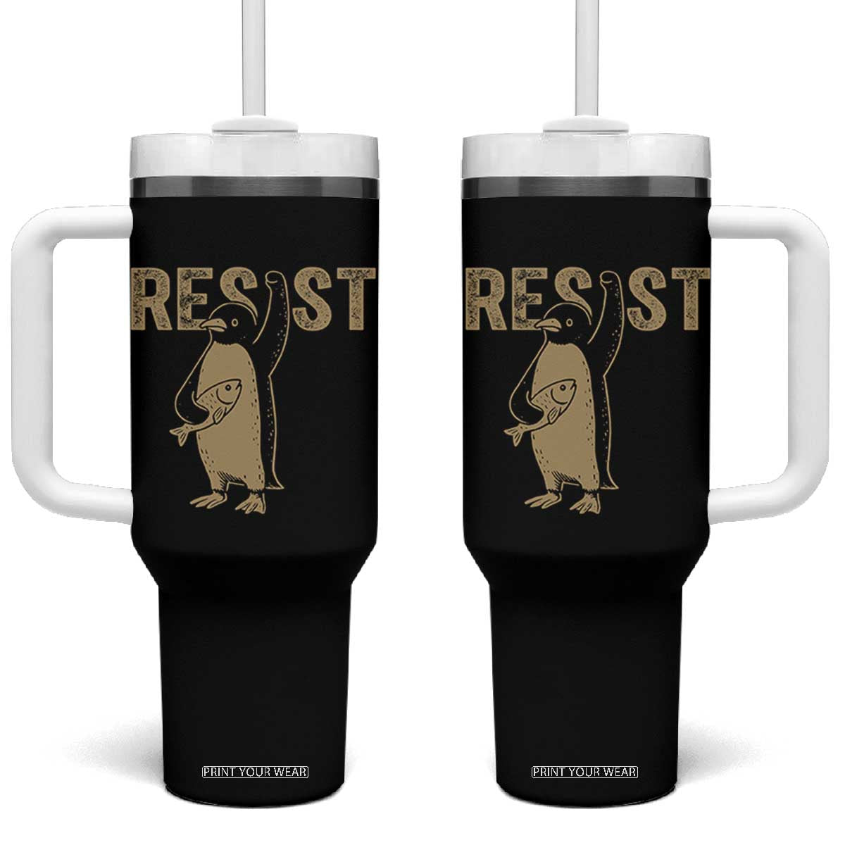 Funny Penguin Resist Tumbler With Handle Against Tariffs Activism Vintage TS02 One Size: 40 oz Black Print Your Wear