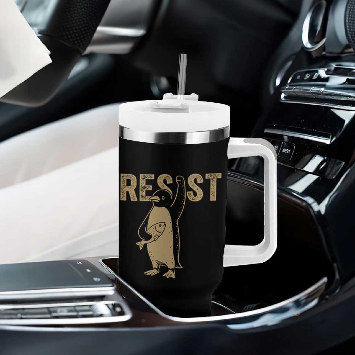 Funny Penguin Resist Tumbler With Handle Against Tariffs Activism Vintage TS02 Print Your Wear