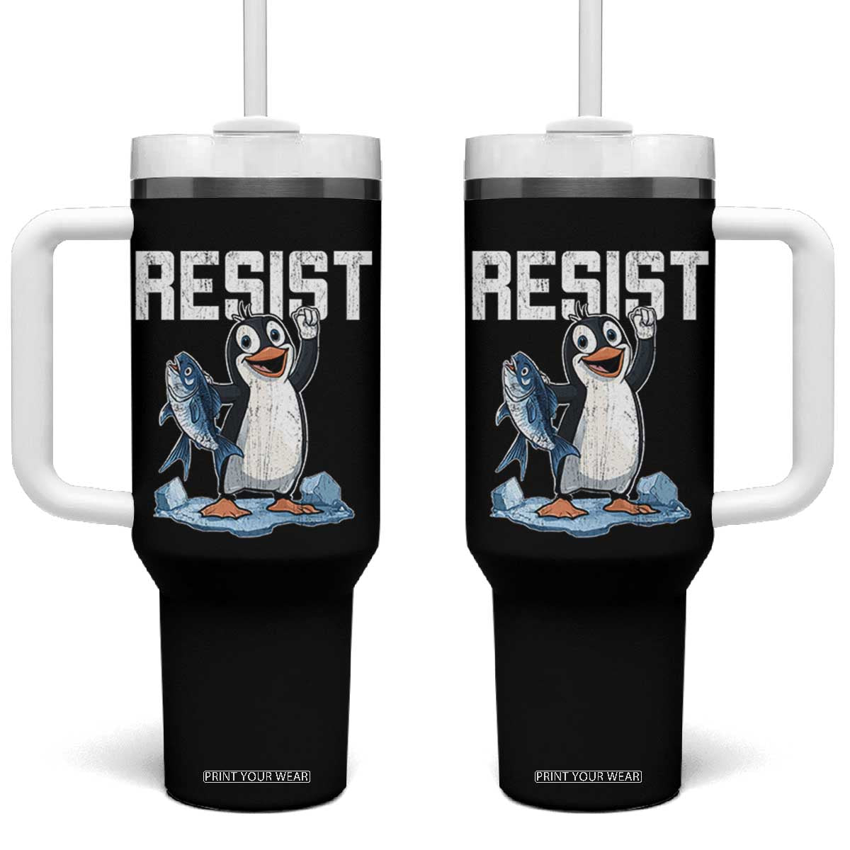Funny Penguin Resist Tumbler With Handle Against Tariffs Protest TS02 One Size: 40 oz Black Print Your Wear