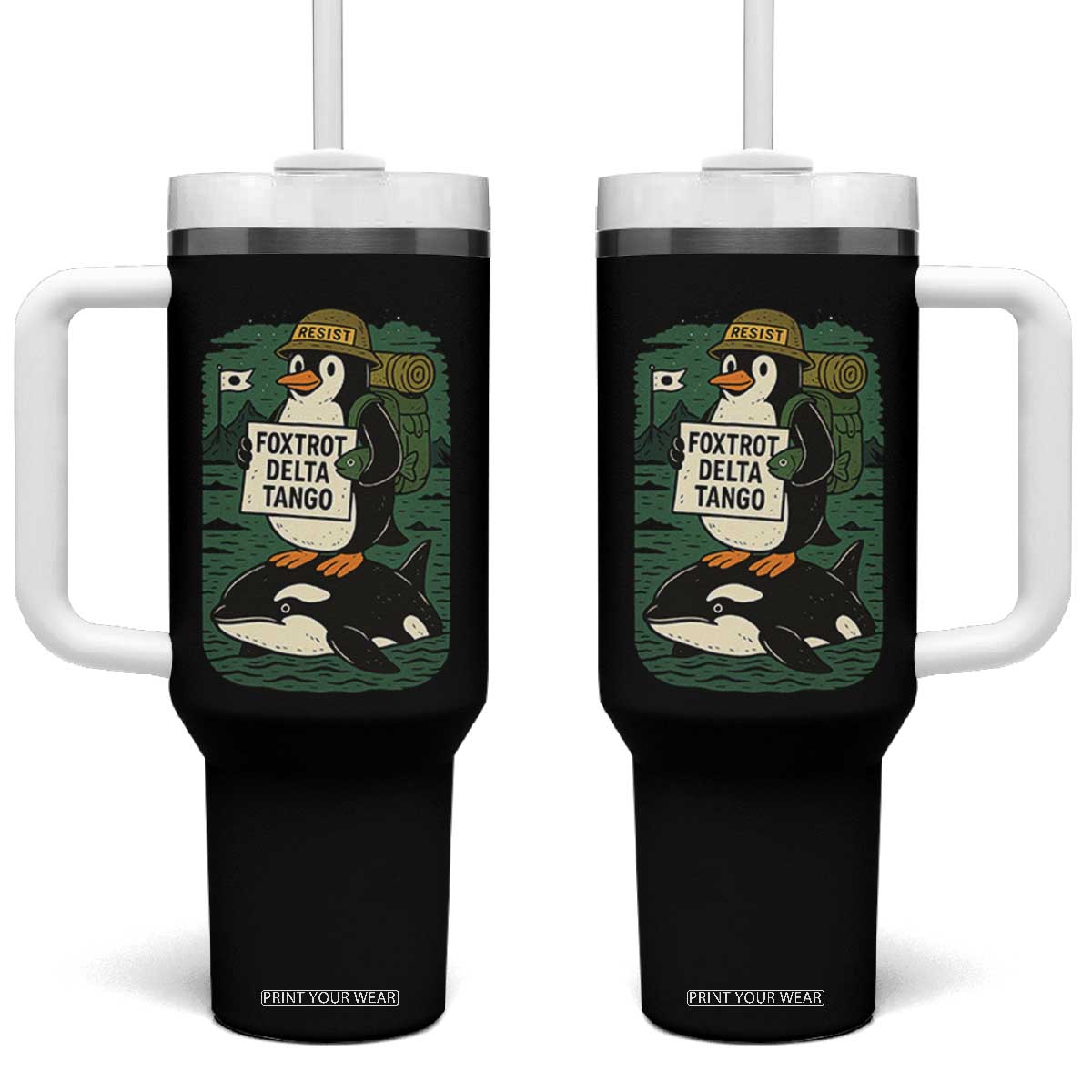 Funny Penguin Resist Tumbler With Handle No Tarriffs Activism Graphic TS02 One Size: 40 oz Black Print Your Wear