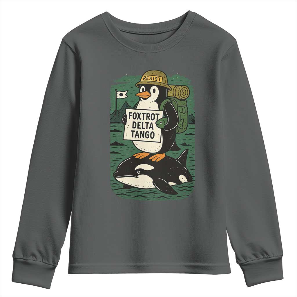 Funny Penguin Resist Youth Sweatshirt No Tarriffs Activism Graphic TS02 Dark Heather Print Your Wear