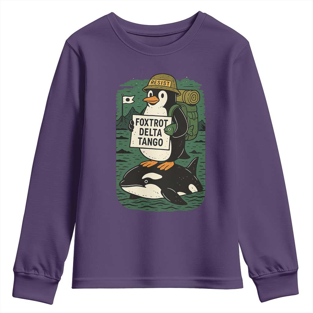 Funny Penguin Resist Youth Sweatshirt No Tarriffs Activism Graphic TS02 Purple Print Your Wear