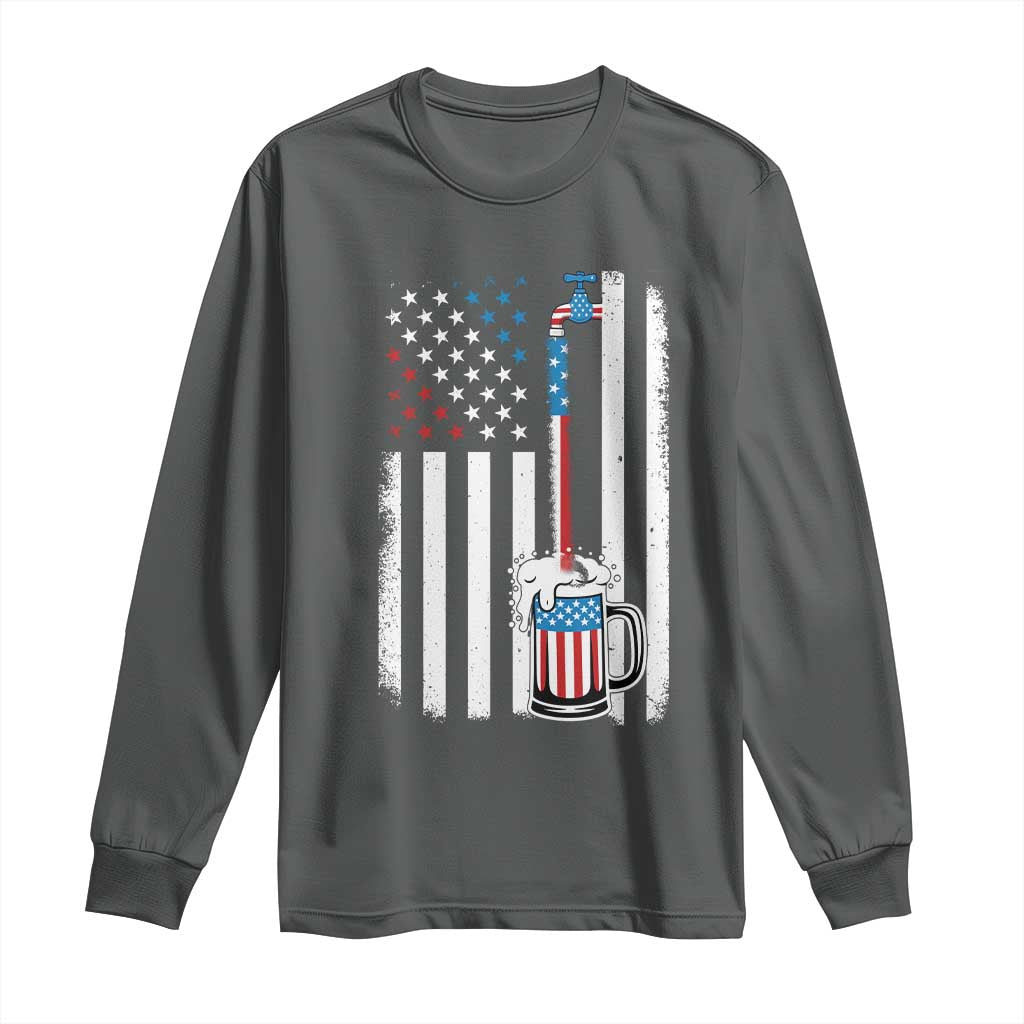 Funny Pouring Beer American Flag 4th Of July Craft Brewery Long Sleeve Shirt TS11 Dark Heather Print Your Wear