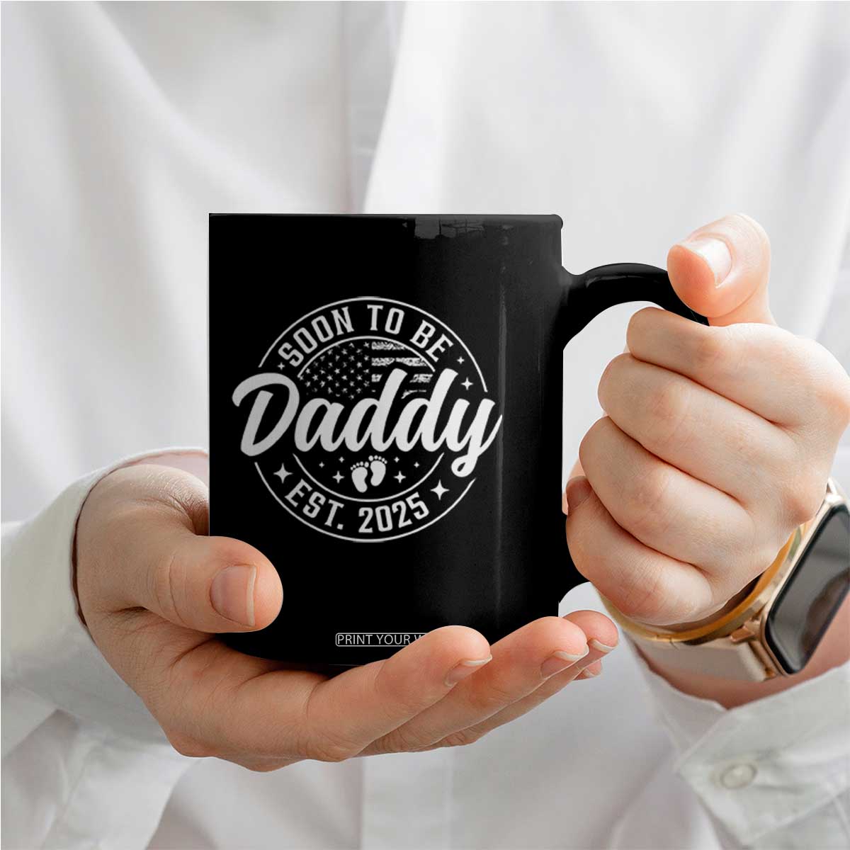 Funny Promoted To Daddy 2025 Coffee Mug Newborn Vintage American Flag Baby Footprint TS11 Print Your Wear