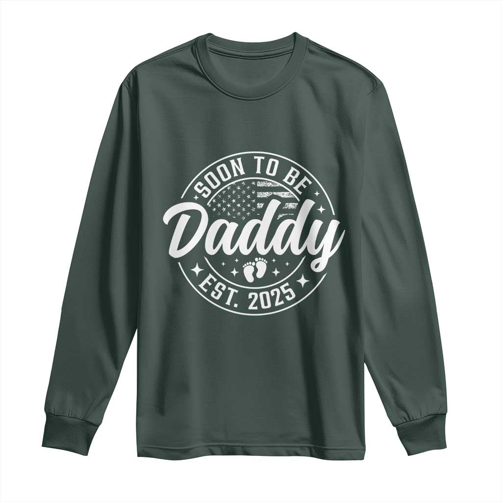 Funny Promoted To Daddy 2025 Long Sleeve Shirt Newborn Vintage American Flag Baby Footprint TS11 Dark Forest Green Print Your Wear