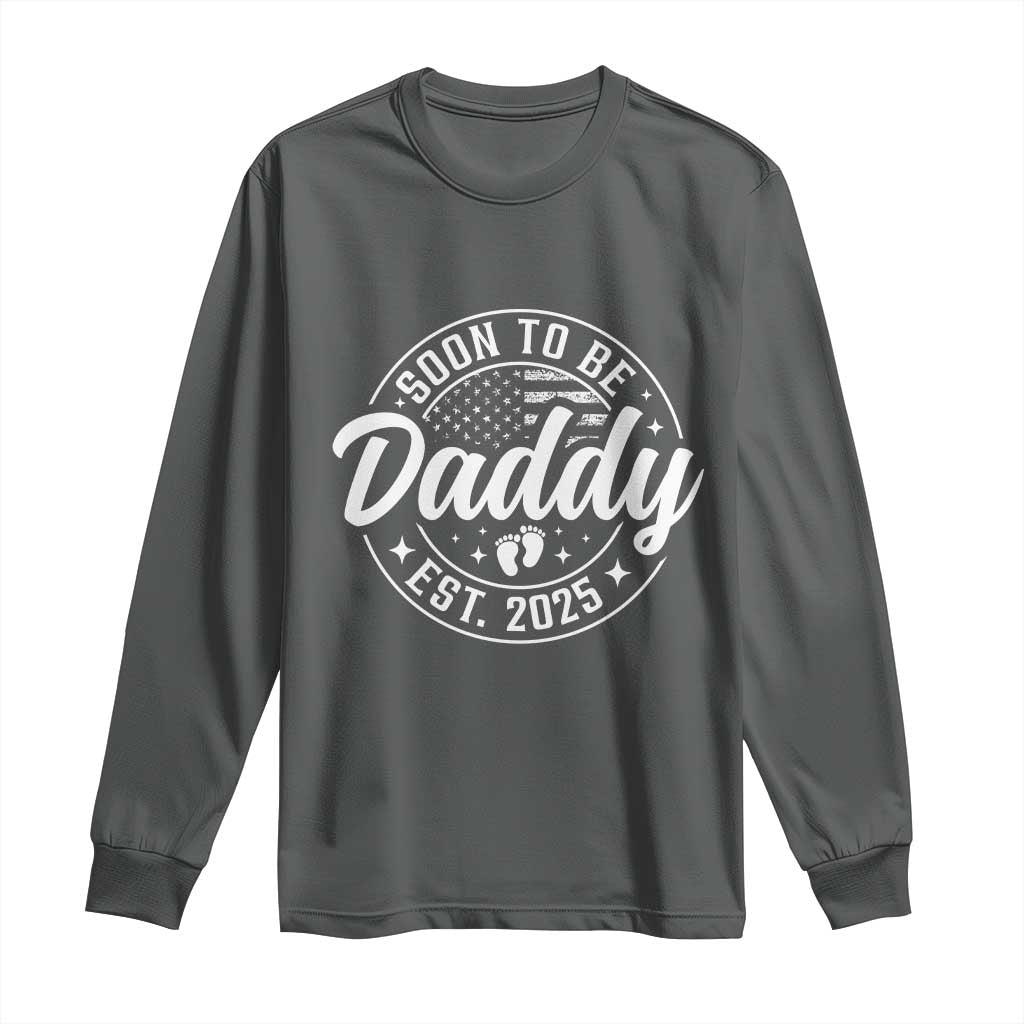 Funny Promoted To Daddy 2025 Long Sleeve Shirt Newborn Vintage American Flag Baby Footprint TS11 Dark Heather Print Your Wear