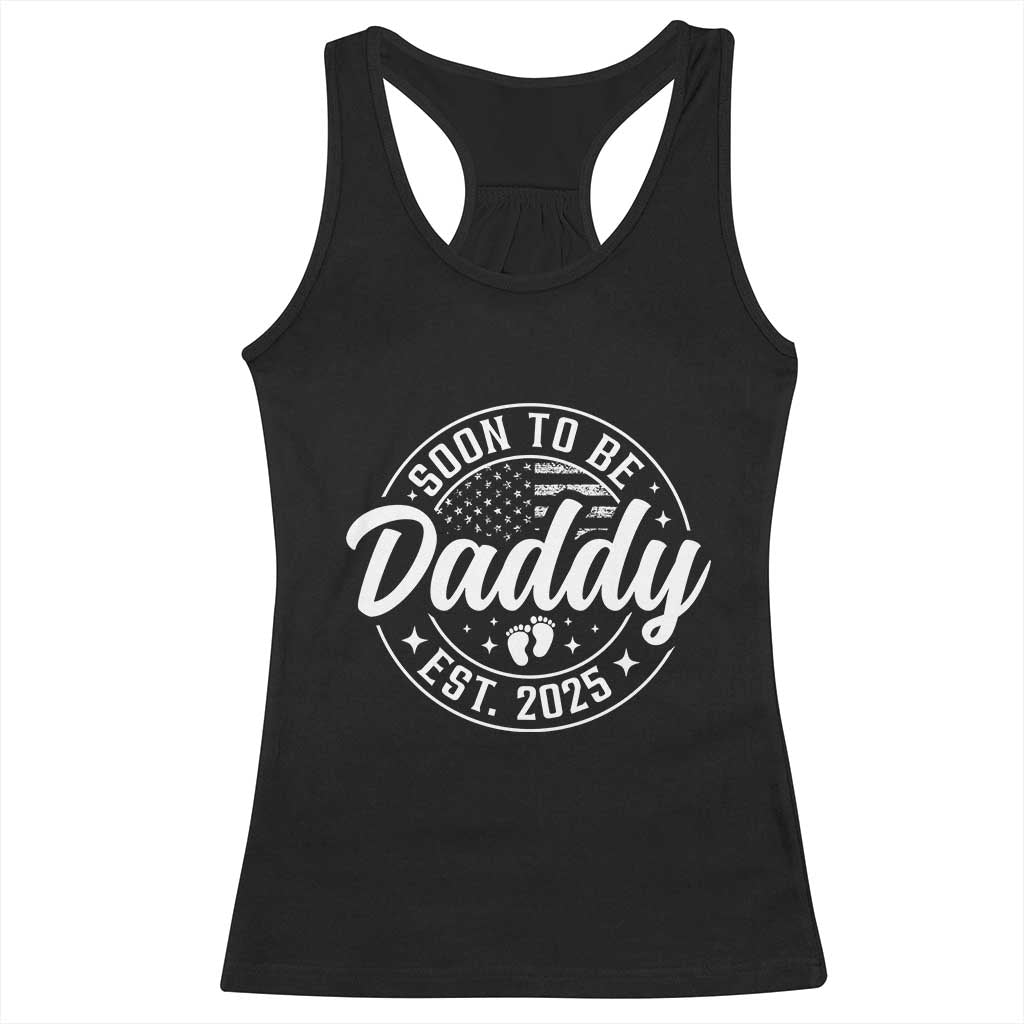Funny Promoted To Daddy 2025 Racerback Tank Top Newborn Vintage American Flag Baby Footprint TS11 Black Print Your Wear