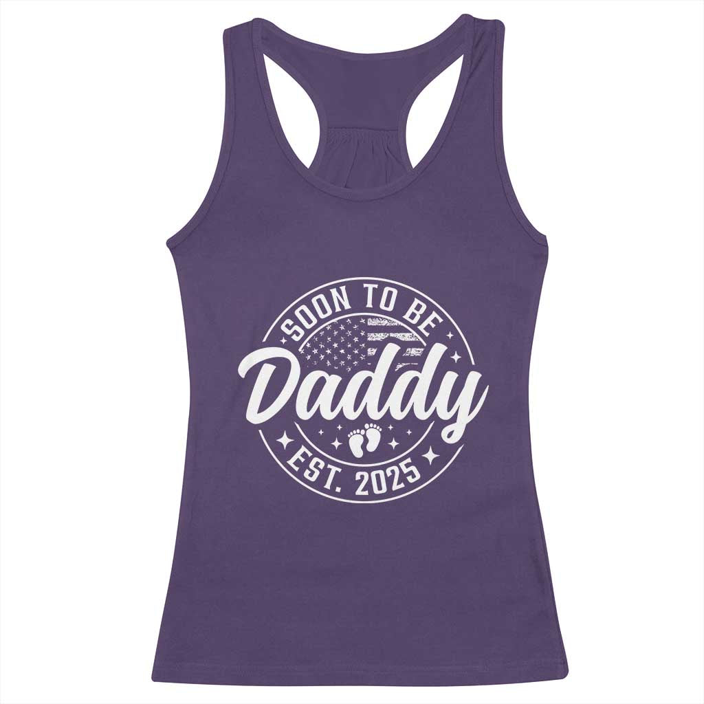 Funny Promoted To Daddy 2025 Racerback Tank Top Newborn Vintage American Flag Baby Footprint TS11 Purple Print Your Wear