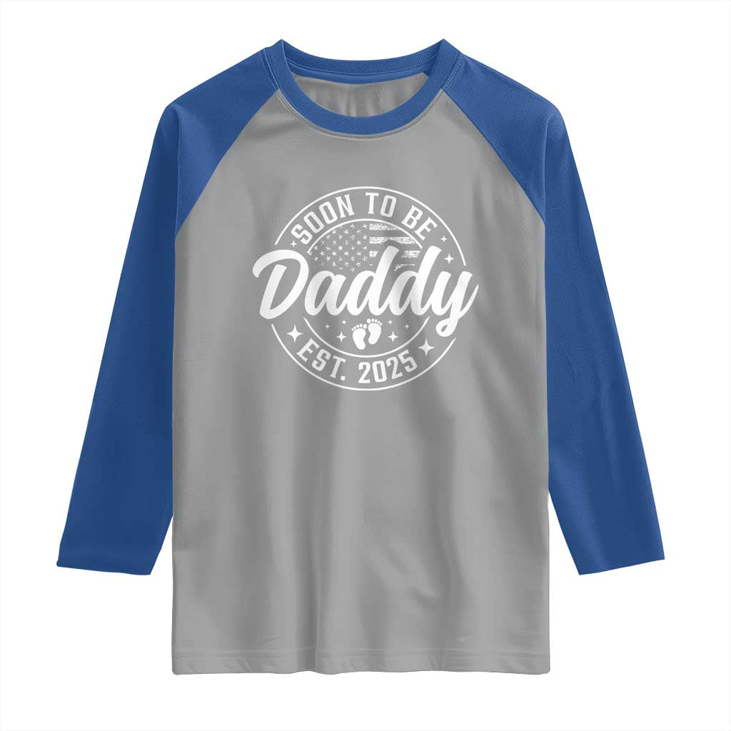 Funny Promoted To Daddy 2025 Raglan Shirt Newborn Vintage American Flag Baby Footprint TS11 Sport Gray Royal Print Your Wear