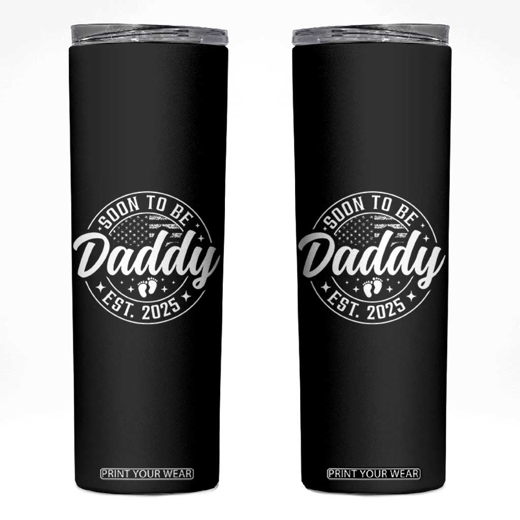 Funny Promoted To Daddy 2025 Skinny Tumbler Newborn Vintage American Flag Baby Footprint TS11 Black Print Your Wear
