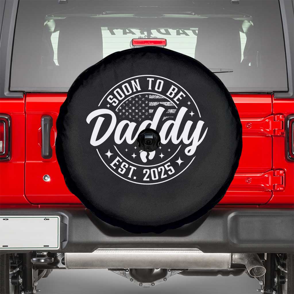 Funny Promoted To Daddy 2025 Spare Tire Cover Newborn Vintage American Flag Baby Footprint TS11 Black Print Your Wear