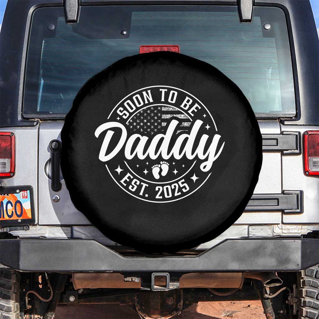 Funny Promoted To Daddy 2025 Spare Tire Cover Newborn Vintage American Flag Baby Footprint TS11 No hole Black Print Your Wear