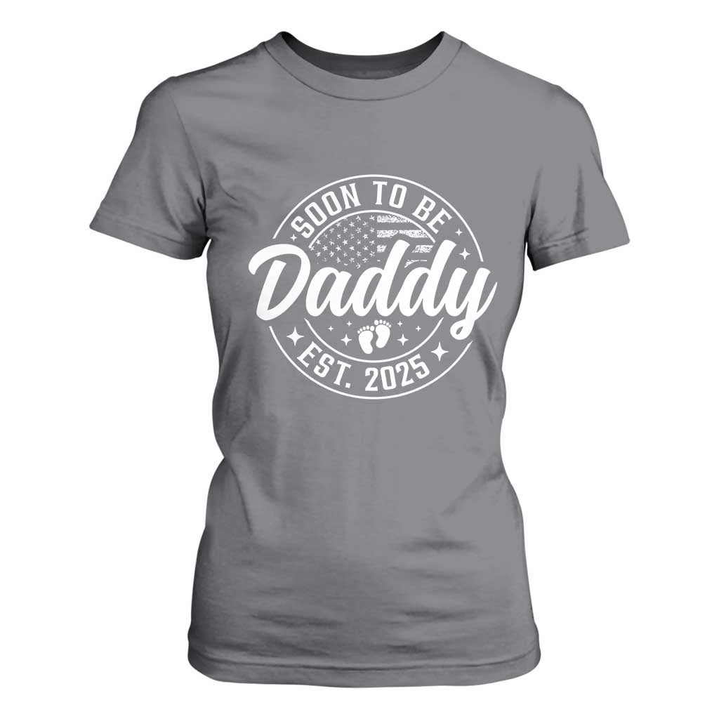 Funny Promoted To Daddy 2025 T Shirt For Women Newborn Vintage American Flag Baby Footprint TS11 Charcoal Print Your Wear