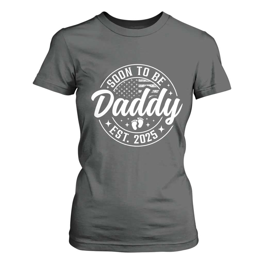 Funny Promoted To Daddy 2025 T Shirt For Women Newborn Vintage American Flag Baby Footprint TS11 Dark Heather Print Your Wear