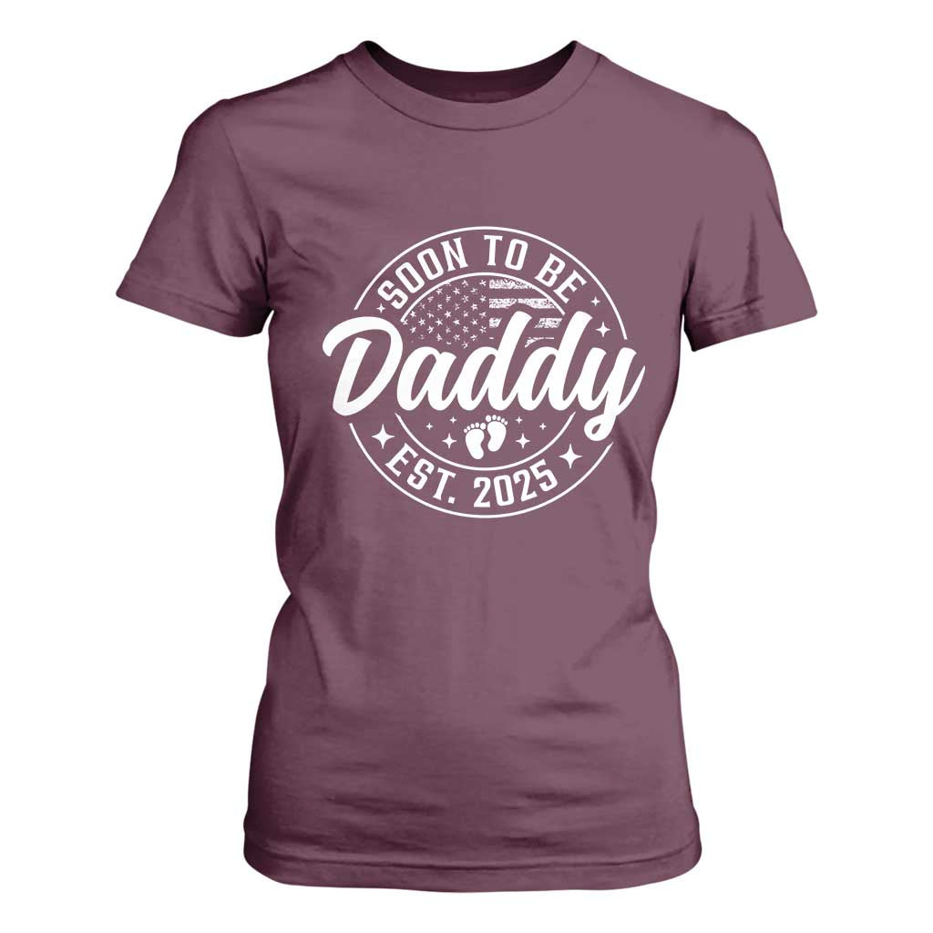 Funny Promoted To Daddy 2025 T Shirt For Women Newborn Vintage American Flag Baby Footprint TS11 Maroon Print Your Wear