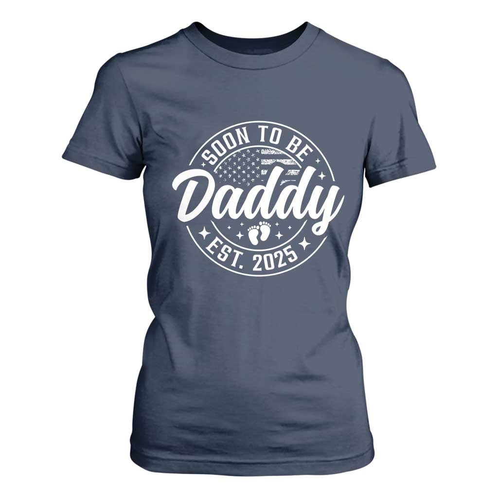 Funny Promoted To Daddy 2025 T Shirt For Women Newborn Vintage American Flag Baby Footprint TS11 Navy Print Your Wear