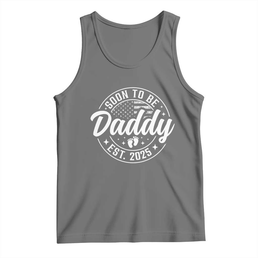 Funny Promoted To Daddy 2025 Tank Top Newborn Vintage American Flag Baby Footprint TS11 Black Heather Print Your Wear