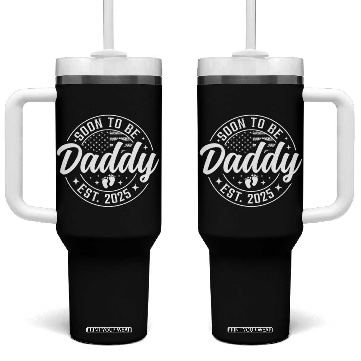 Funny Promoted To Daddy 2025 Tumbler With Handle Newborn Vintage American Flag Baby Footprint TS11 One Size: 40 oz Black Print Your Wear