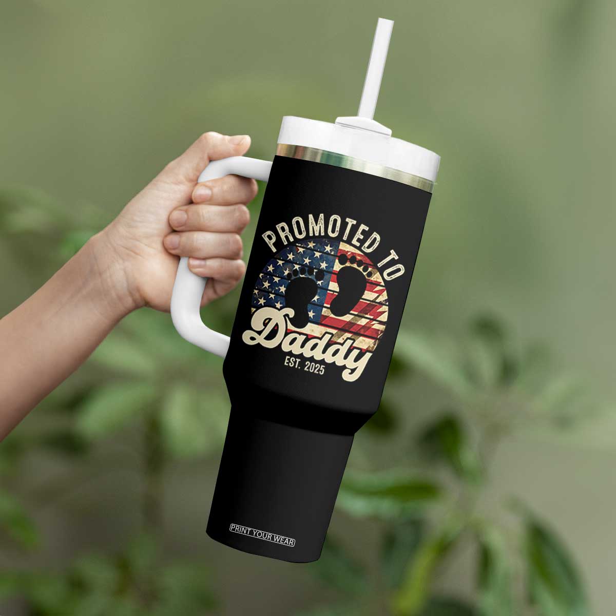 Funny Promoted To Daddy 2025 Tumbler With Handle Newborn Vintage American Flag TS11 Print Your Wear