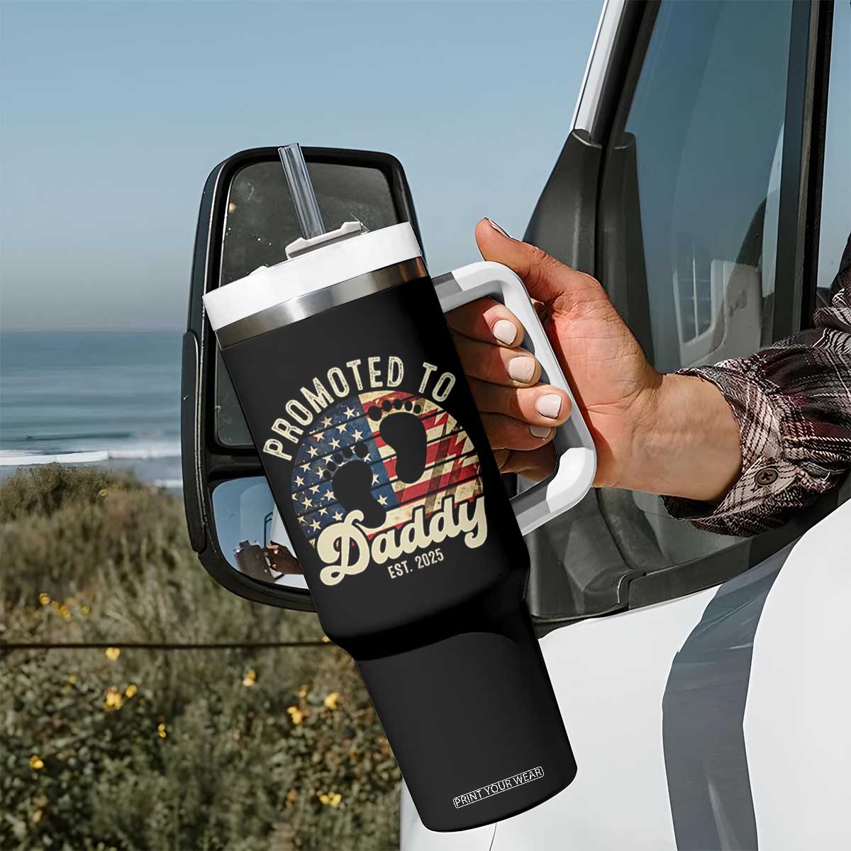 Funny Promoted To Daddy 2025 Tumbler With Handle Newborn Vintage American Flag TS11 Print Your Wear