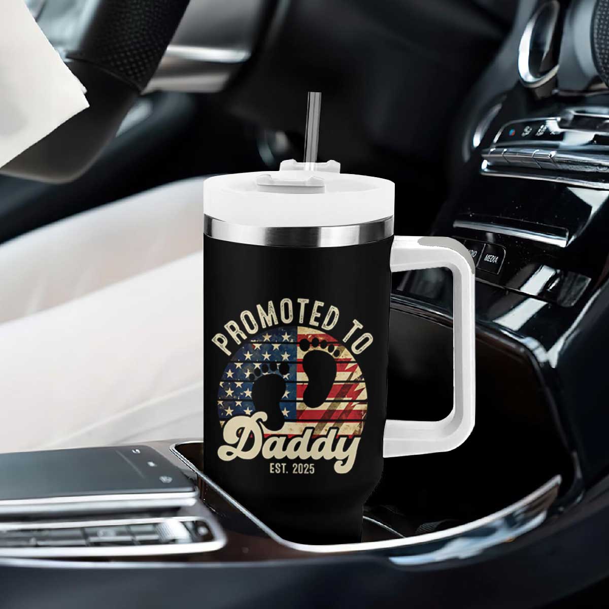 Funny Promoted To Daddy 2025 Tumbler With Handle Newborn Vintage American Flag TS11 Print Your Wear