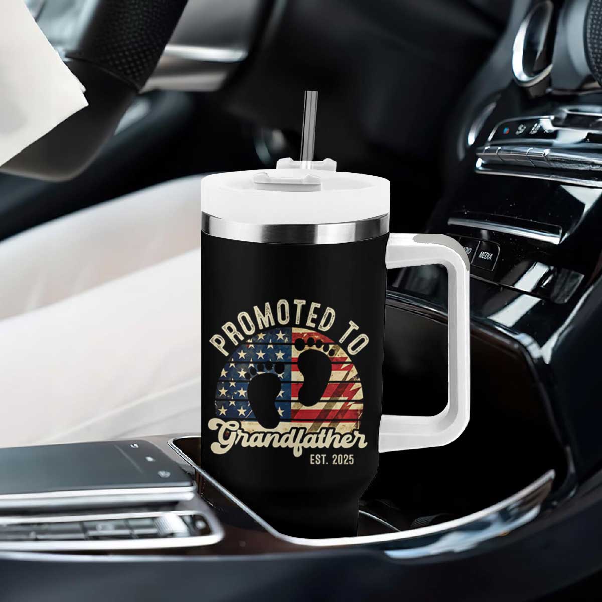 Funny Promoted To Grandfather 2025 Tumbler With Handle Newborn Vintage American Flag TS11 Print Your Wear
