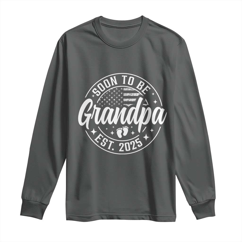 Funny Promoted To Grandpa 2025 Long Sleeve Shirt Newborn Vintage American Flag Baby Footprint TS11 Dark Heather Print Your Wear