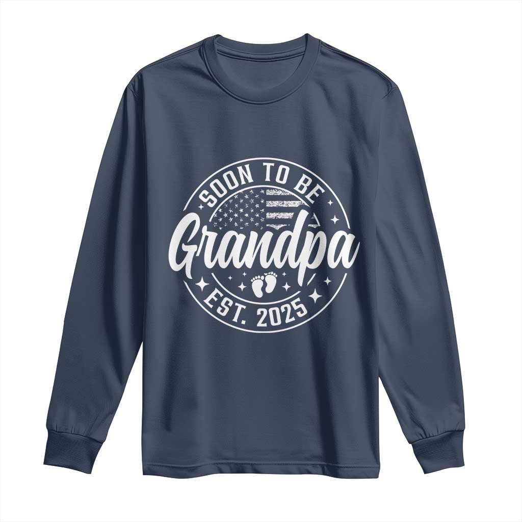 Funny Promoted To Grandpa 2025 Long Sleeve Shirt Newborn Vintage American Flag Baby Footprint TS11 Navy Print Your Wear