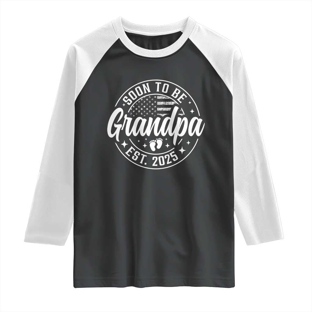 Funny Promoted To Grandpa 2025 Raglan Shirt Newborn Vintage American Flag Baby Footprint TS11 Black White Print Your Wear