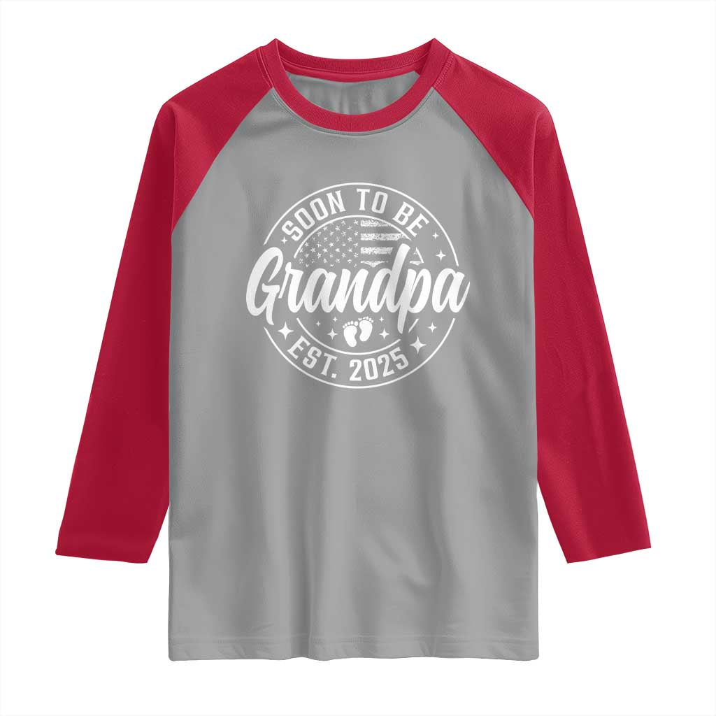 Funny Promoted To Grandpa 2025 Raglan Shirt Newborn Vintage American Flag Baby Footprint TS11 Sport Gray Red Print Your Wear