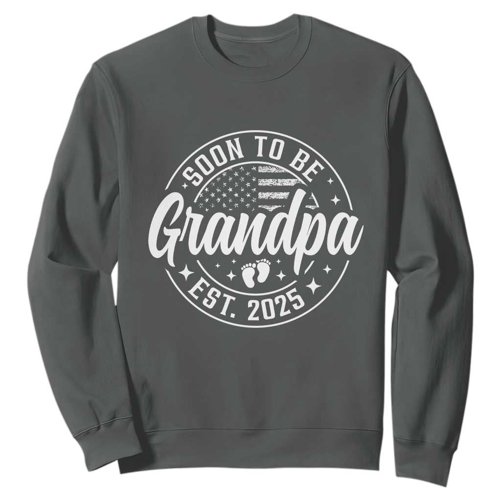Funny Promoted To Grandpa 2025 Sweatshirt Newborn Vintage American Flag Baby Footprint TS11 Dark Heather Print Your Wear