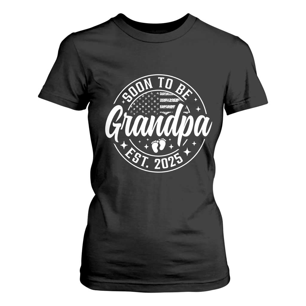 Funny Promoted To Grandpa 2025 T Shirt For Women Newborn Vintage American Flag Baby Footprint TS11 Black Print Your Wear