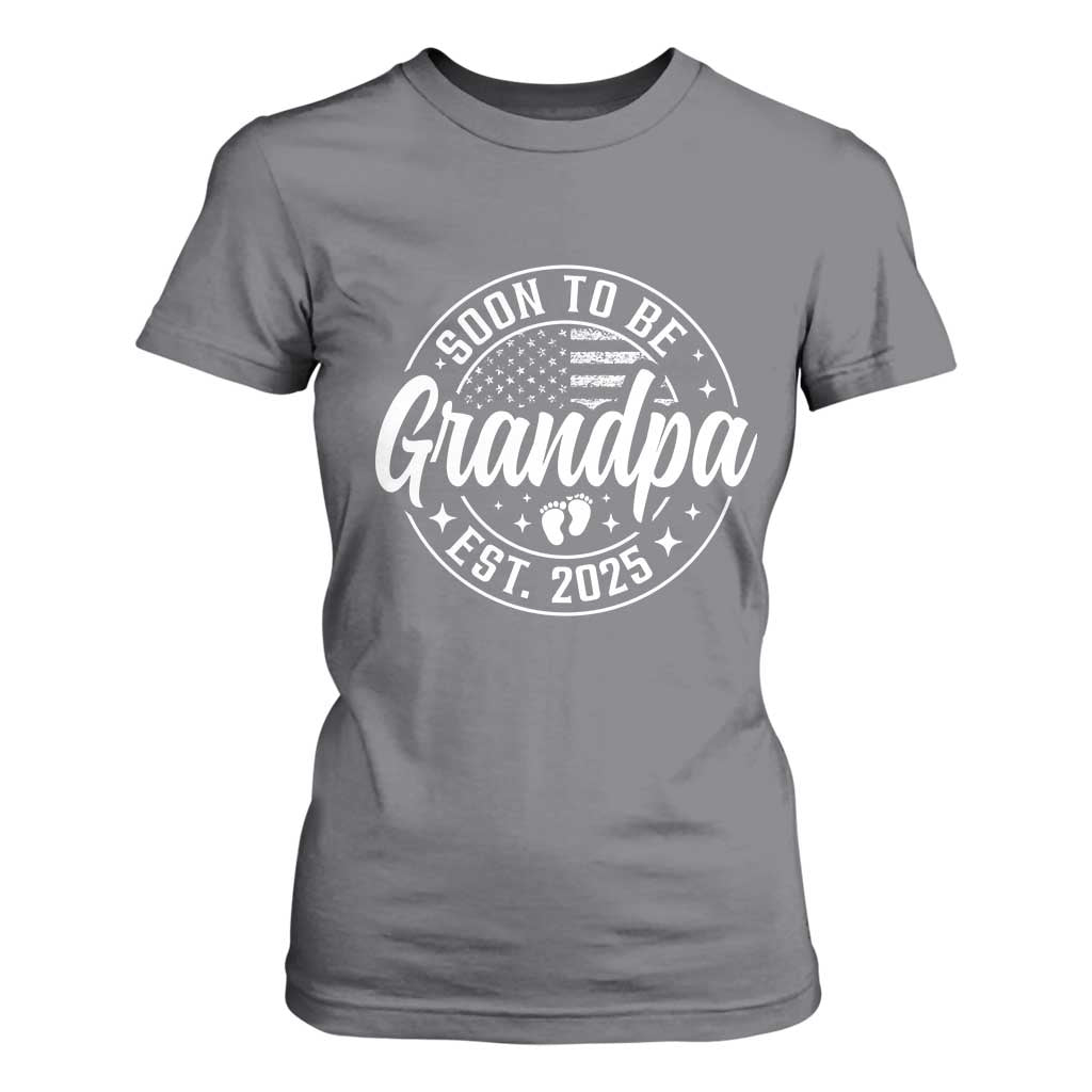 Funny Promoted To Grandpa 2025 T Shirt For Women Newborn Vintage American Flag Baby Footprint TS11 Charcoal Print Your Wear