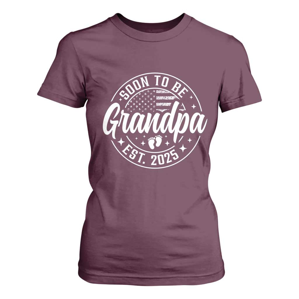 Funny Promoted To Grandpa 2025 T Shirt For Women Newborn Vintage American Flag Baby Footprint TS11 Maroon Print Your Wear