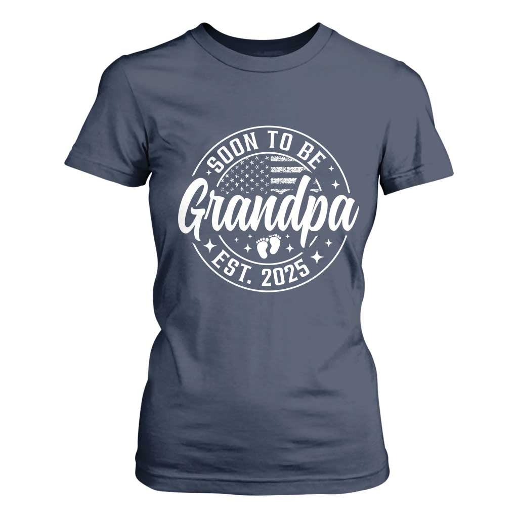 Funny Promoted To Grandpa 2025 T Shirt For Women Newborn Vintage American Flag Baby Footprint TS11 Navy Print Your Wear