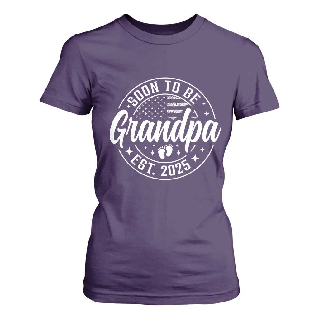 Funny Promoted To Grandpa 2025 T Shirt For Women Newborn Vintage American Flag Baby Footprint TS11 Purple Print Your Wear