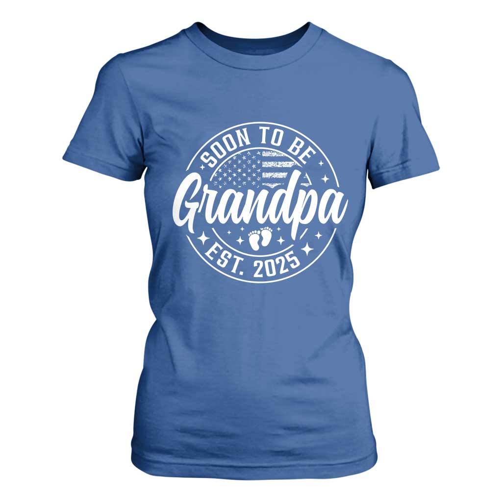 Funny Promoted To Grandpa 2025 T Shirt For Women Newborn Vintage American Flag Baby Footprint TS11 Royal Blue Print Your Wear