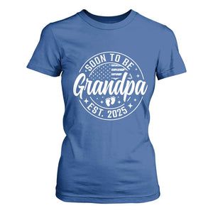 Funny Promoted To Grandpa 2025 T Shirt For Women Newborn Vintage American Flag Baby Footprint TS11 Royal Blue Print Your Wear