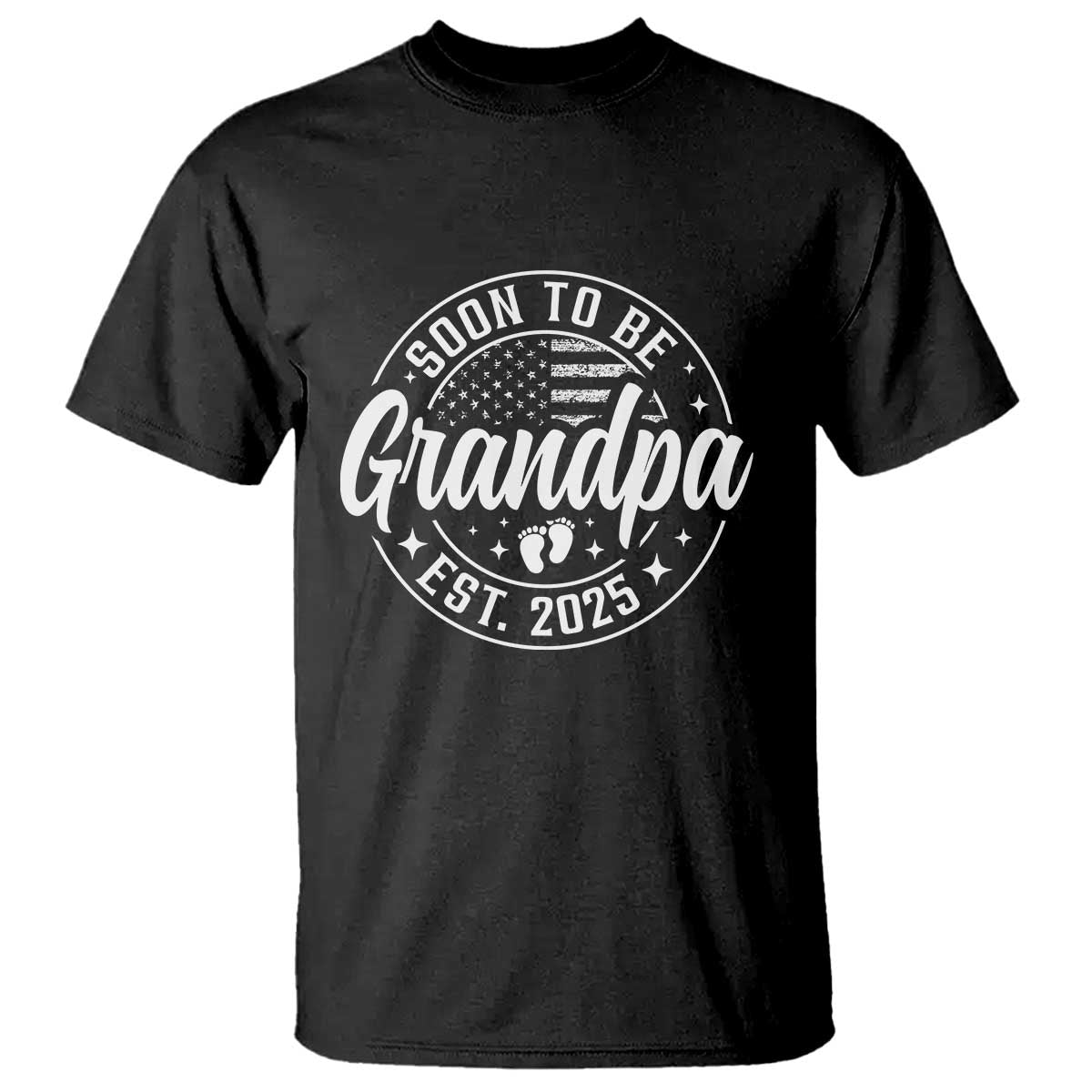 Funny Promoted To Grandpa 2025 T Shirt Newborn Vintage American Flag Baby Footprint TS11 Black Print Your Wear