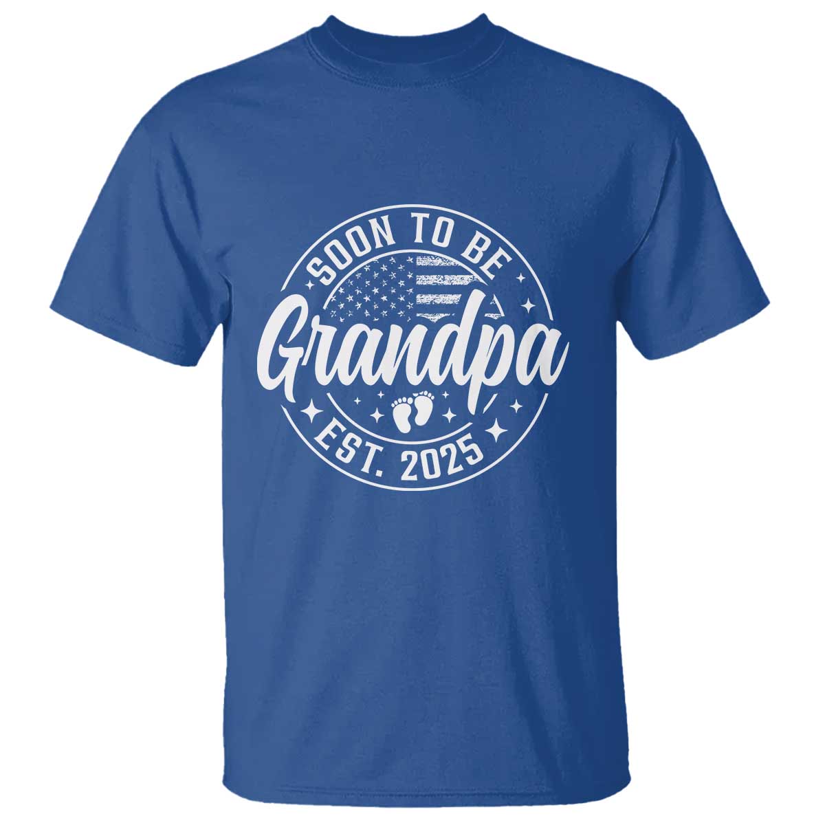 Funny Promoted To Grandpa 2025 T Shirt Newborn Vintage American Flag Baby Footprint TS11 Royal Blue Print Your Wear