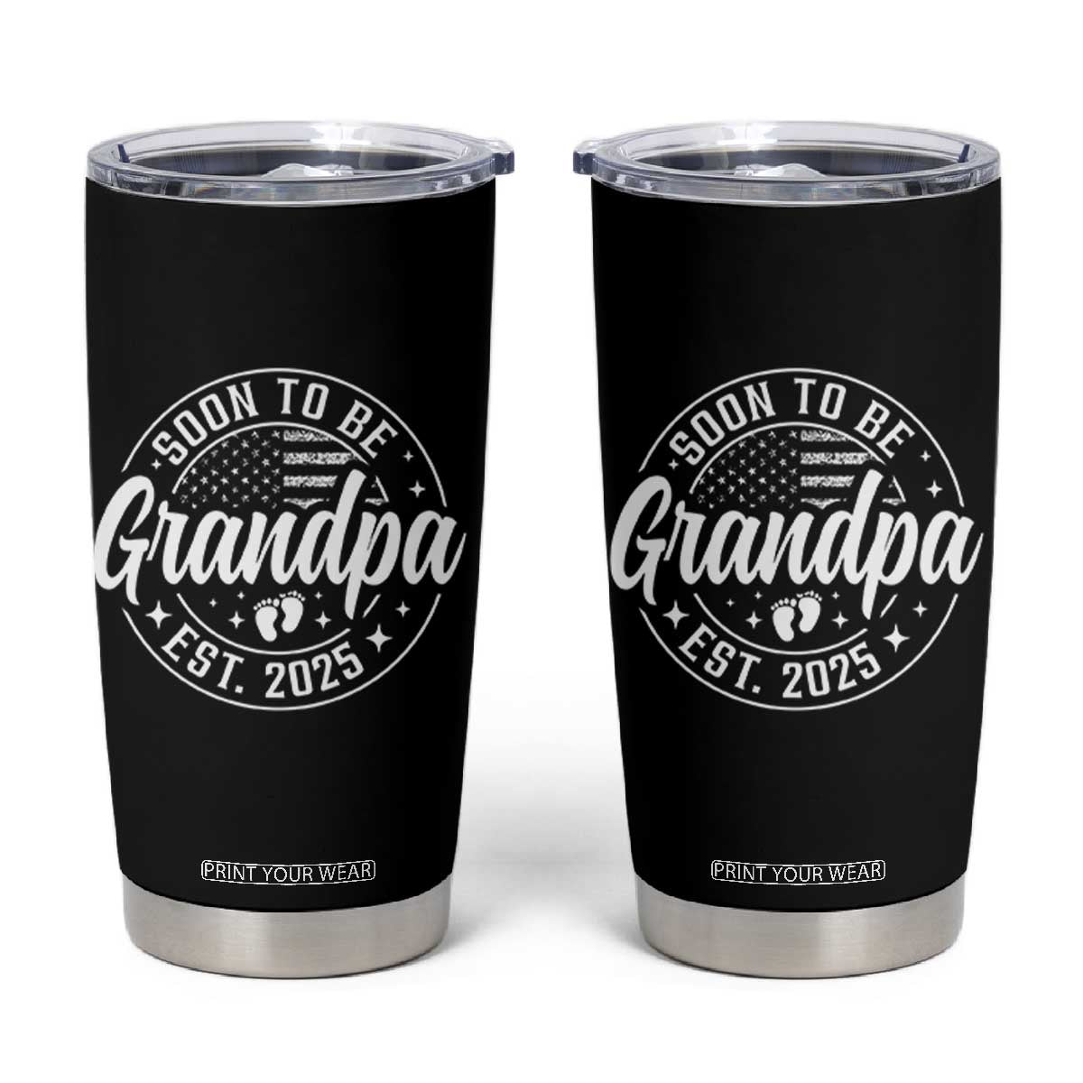 Funny Promoted To Grandpa 2025 Tumbler Cup Newborn Vintage American Flag Baby Footprint TS11 Black Print Your Wear